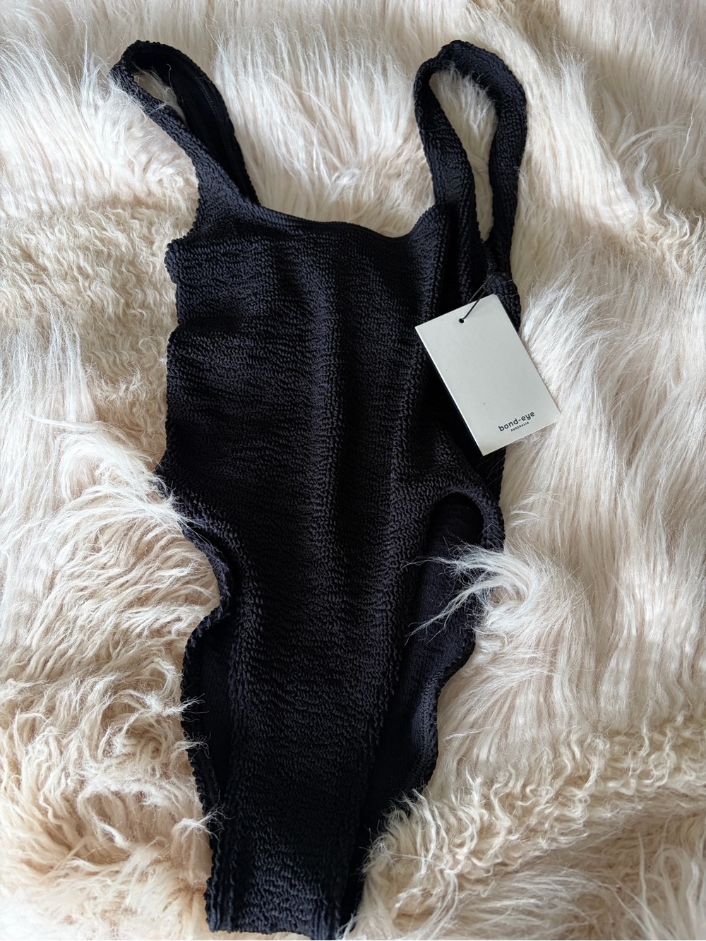 bond-eye Black Textured One-Piece Swimsuit with Ruffle Sides